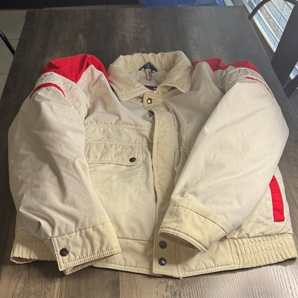 Vintage 80’s Cream and Red Down Designs Puffer Jacket